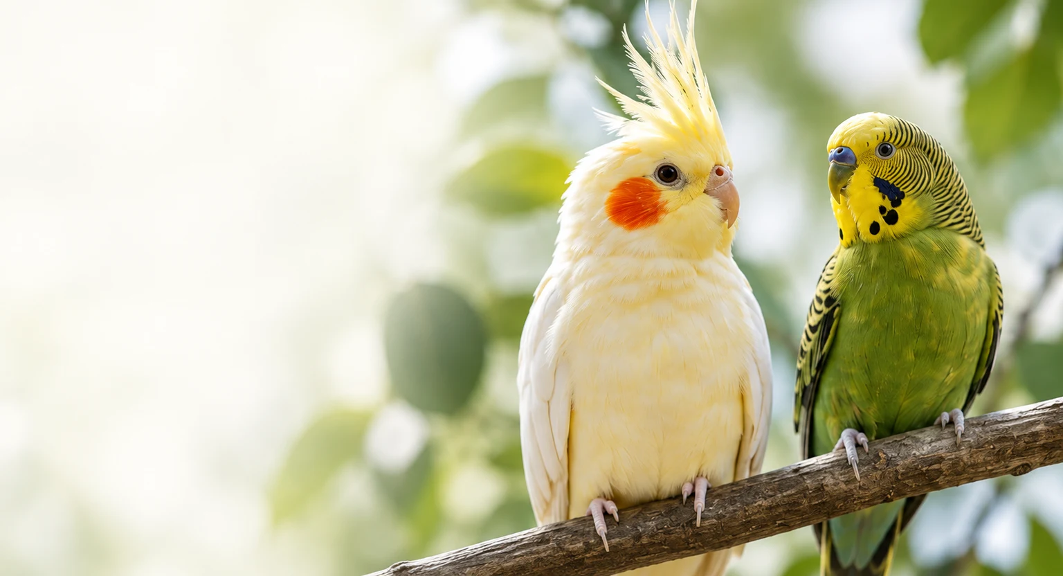 A cream cockatiel and a green budgie perched together